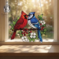 Cardinal Blue Jay Acrylic Suncatcher, Bird Window Hanging Decor