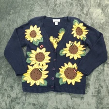 Vtg Accordeon Sweater Womens Medium Navy Sunflower Bee Ladybug Cardigan 90s