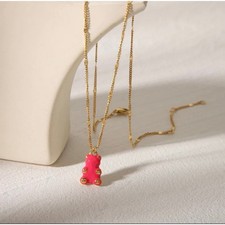 Pink Gummy Bear Pendant Necklace Gold Chain Kawaii Y2K Jewelry