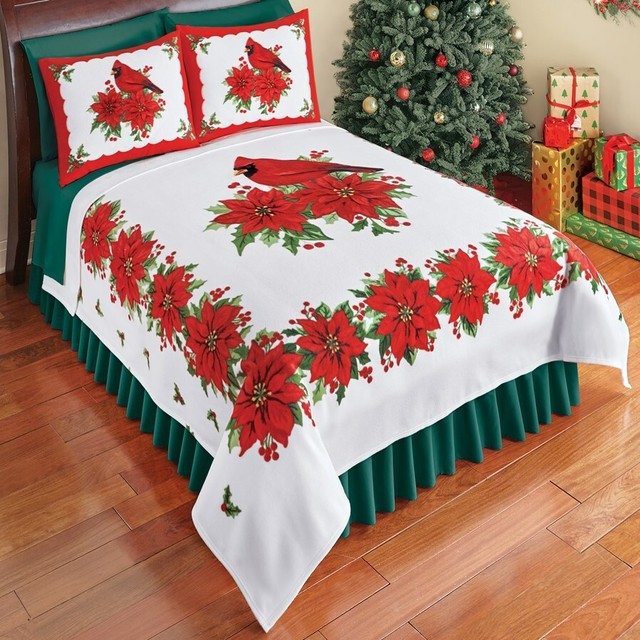 Cardinal & Poinsettia Christmas Soft Fleece Bed Coverlet Queen Size Bedding  eBay