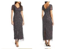 Pisarro Nights Beaded Mesh Column MIDI Gown Dress in Slate Size 8 268 Sequin