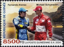 MICHAEL SCHUMACHER & FERNANDO ALONSO F1 Racing Car Driver Stamp (2024 Guinea)