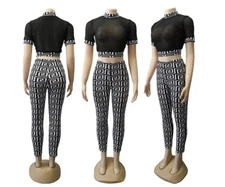  Women Two Piece Set Long Sleeve Sheer Mesh Top+Ankle Pencil Pants Outfits 