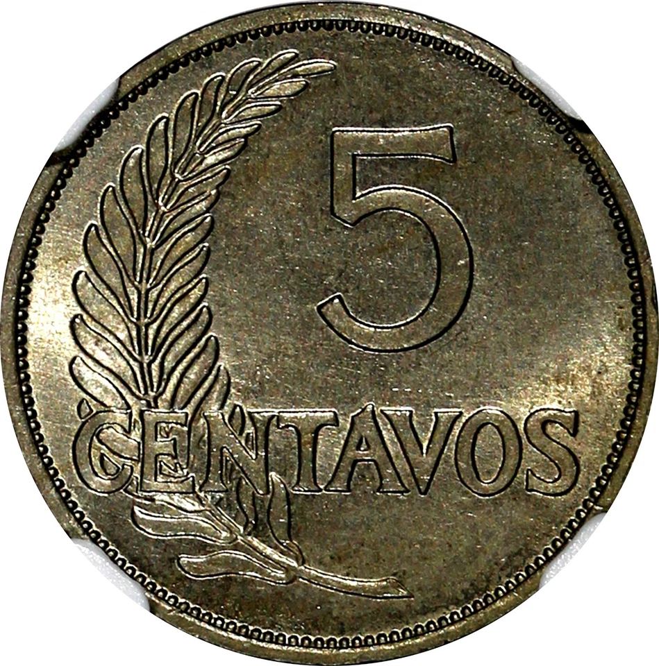 PERU Copper-Nickel 1940 5 Centavos NGC MS64 TONING TOP GRADED KM# 213.2 (063) - Image 4 of 4