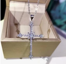 Silver Cubic Zirconia Cross Shape Necklace Pendant Bling Jewelry