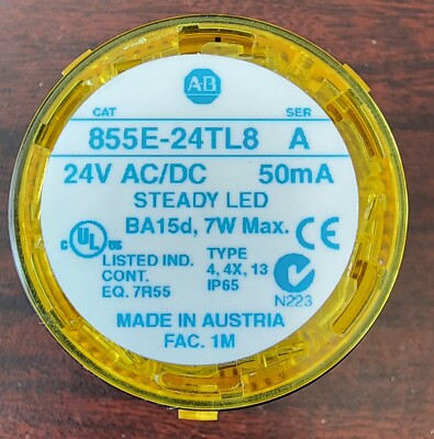 ALLEN BRADLEY AB 855E-24TL8 SER. A Yellow Steady Stack Light Lense 24V AC/DC