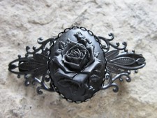 BLACK ROSE CAMEO BLACK FILIGREE BARRETTE - WEDDING - BRIDAL - GOTH - MOURNING