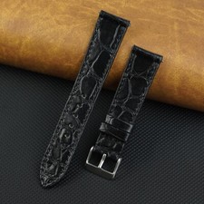 Black Real Crocodile Leather Watch Band Flat Leather Strap Silver Buckle Classic