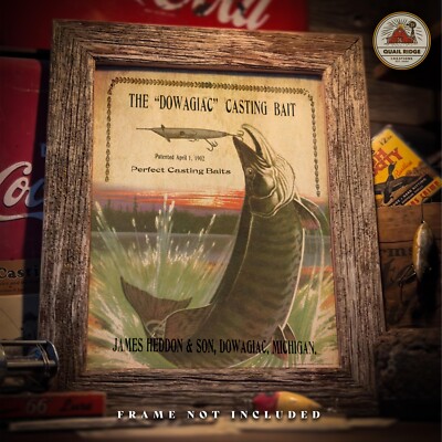 Vintage Muskie Heddon Dowagiac Fishing Lure Art Print Cabin Decor Collector Gift