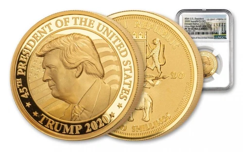 2020 Somalia 1-oz Gold Donald Trump Ultra High Relief Proof NGC PF70 First Day