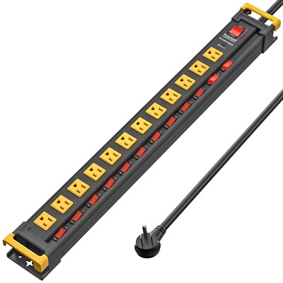 12 Outlet Heavy Duty Power Strip,Individual Switch,3300J Surge Protector,Metal