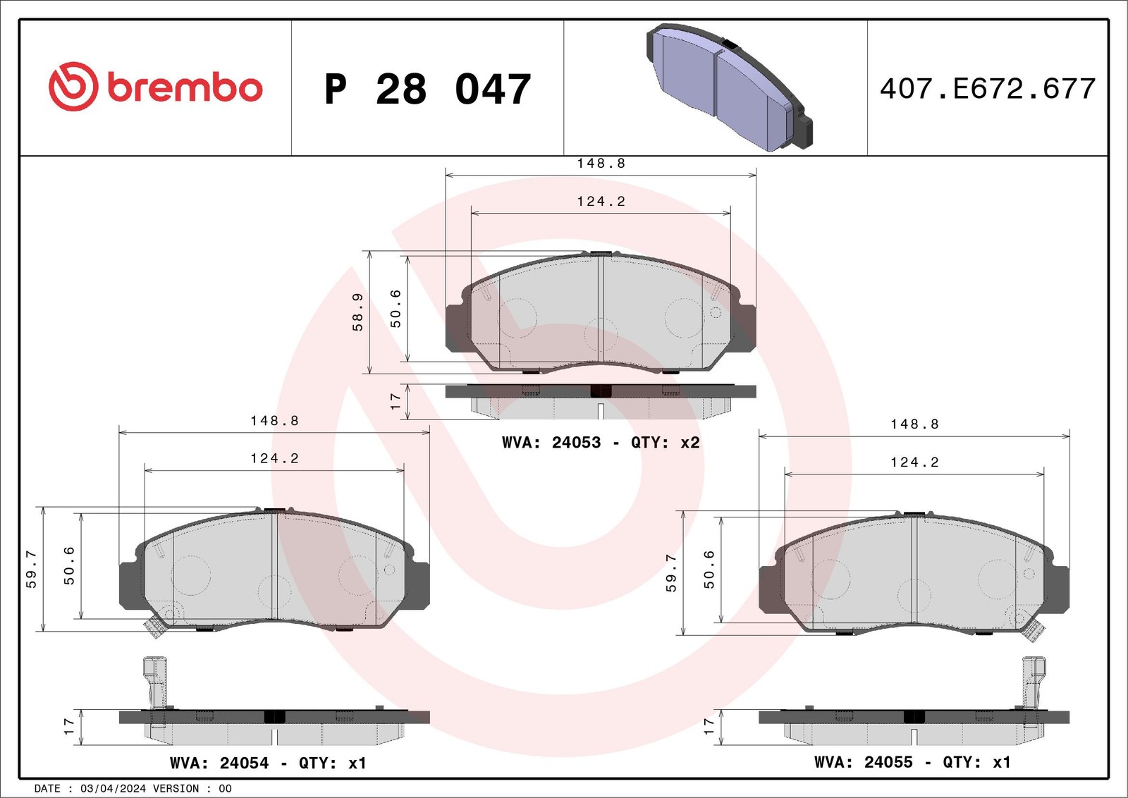 BRAKE PAD SET DISC BRAKE P 28 047 FOR HONDA F23Z4 2.3L 4cyl ODYSSEYK24Z2 2.4L - Image 3