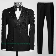 2PCS Men Double Breasted Suits Beads Business Banquet Wedding Rhinestone Coat