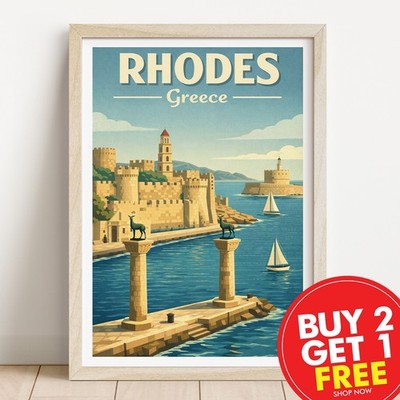 Rhodos Griechenland Retro Reisedruck, Wandbild, Collage, Wahrzeichen Illustrationen,