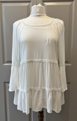Neiman Marcus White Peasant Top Crochet Trim Bell 3/4 Sleeves Size L NEW $498