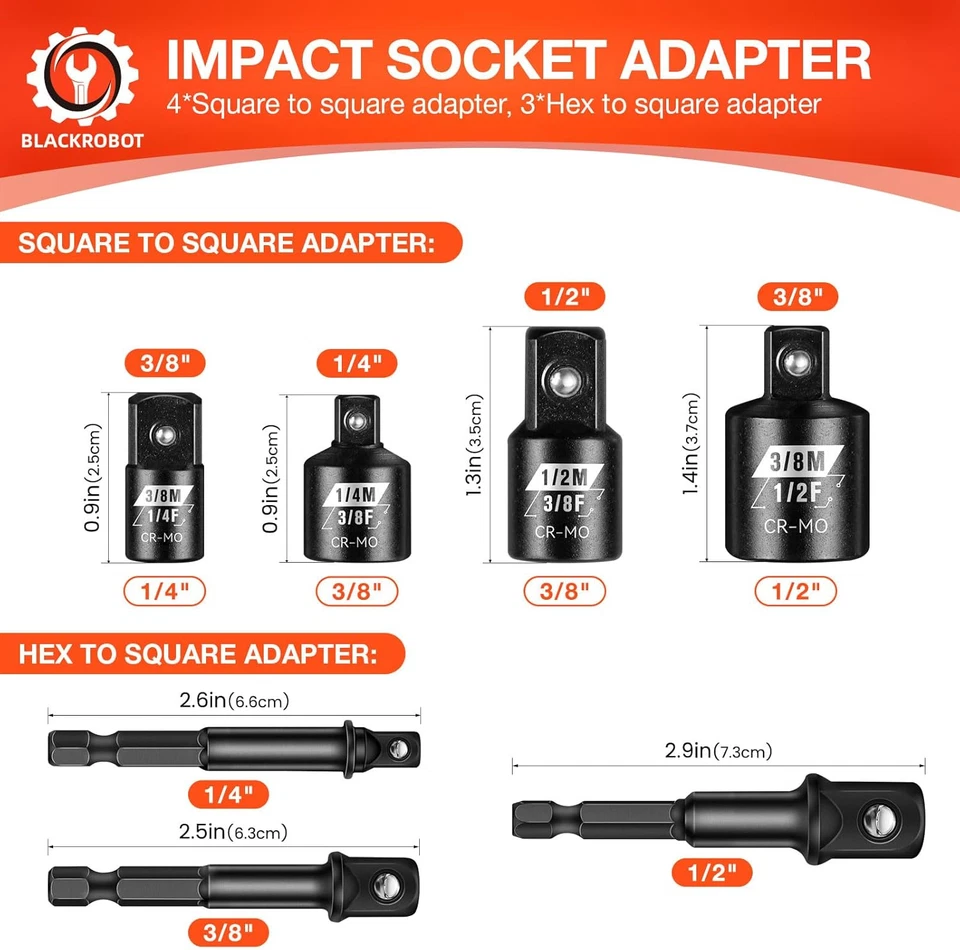 7PCS Impact Socket Adapter Set, 1/4" 3/8" 1/2" SAE Drill Socket Adapter Set, Squ - Image 2 of 4