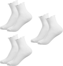 3 Pairs of Women's White Lace Ruffle Ankle Socks, Casual Frilly Design