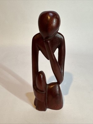 Hand Carved 8  Dark Wood Thinker Statue Rustic Abstract Decor