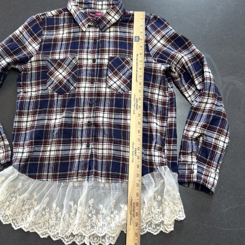Camisa grande a cuadros para mujer con botones franela clara acento de encaje azul rojo - Imagen 4 de 7