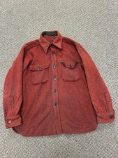 Vtg USA Made Woolrich Red Herringbone Wool Button Up Shirt Jacket Shacket Large