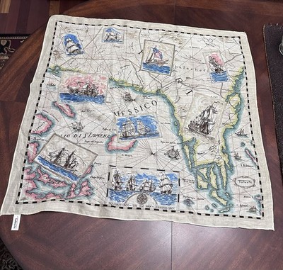 VTG Talbots Cotton Square Scarf Nautical Old World Map Sailing Coastal Maritime