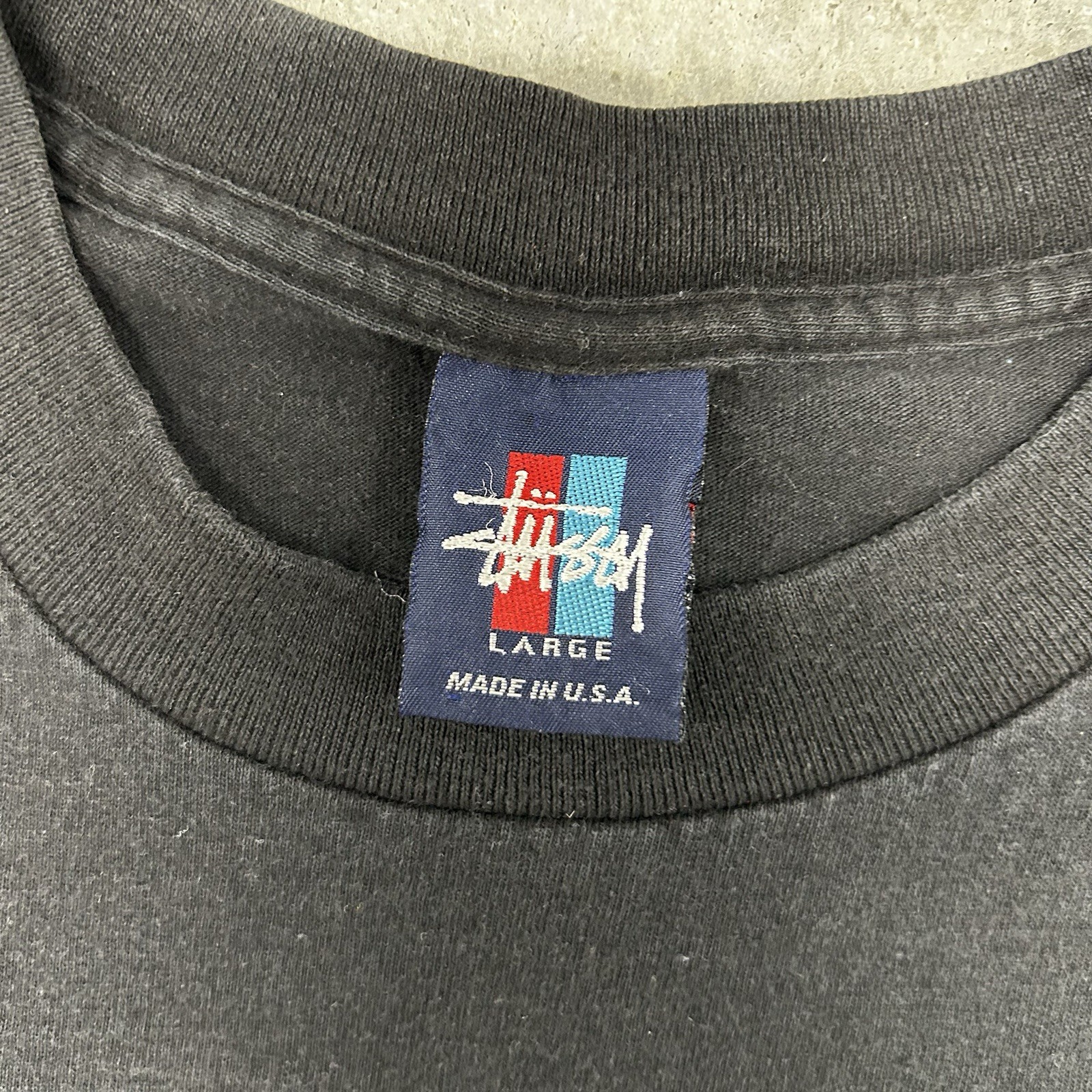 Vintage 90s Stüssy Black Large Graphic Men's Tee USA Made Skate Surf Fade Rare thumbnail 5