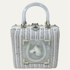 Vintage 1960s White Wicker Box Purse Lucite Handle Horse Head Equestrian