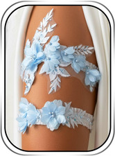 Wedding Garter Set, Light Blue Flowers with Pearl Beads, 2-Piece