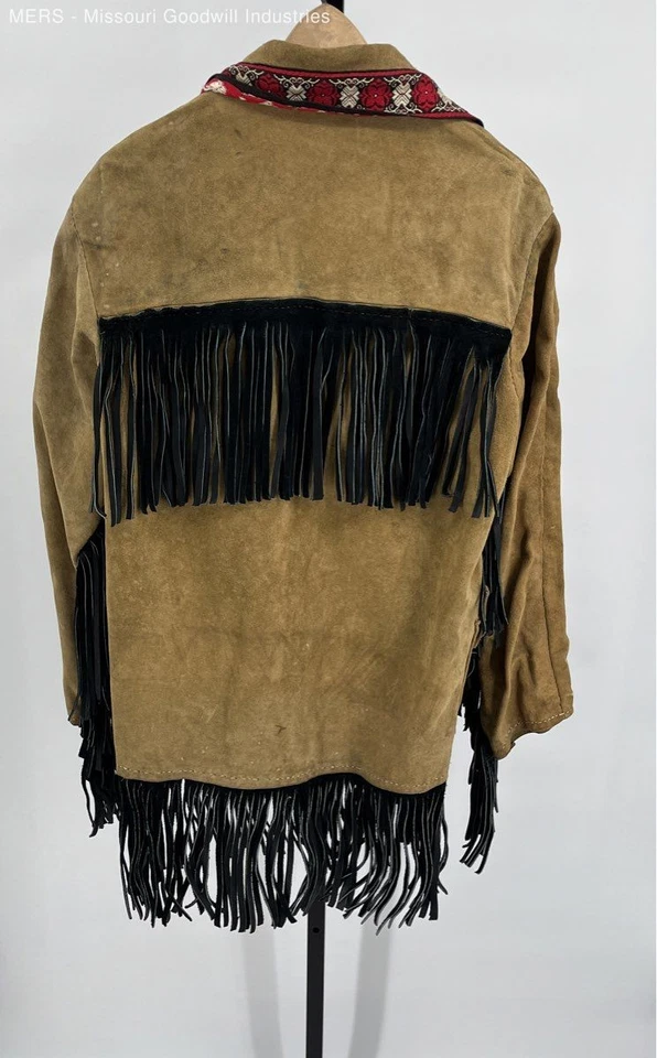 Vintage Men's Tan Fringe Suede Leather Jacket Floral Western Style Outerwear - Image 2 of 4