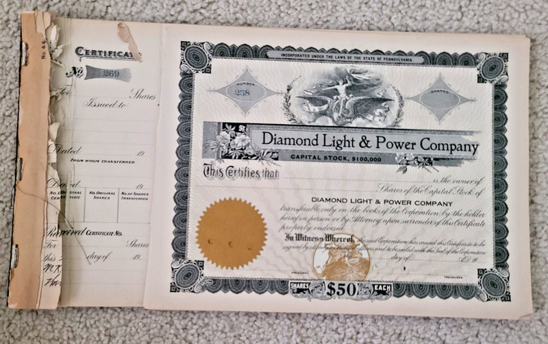 1903 DIAMOND LIGHT & POWER COMPANY of PENNSYLVANIA STOCK CERTIFICATES 38 in BOOK