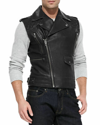 Men's Genuine Lambskin Leather Motorcycle Vest Slim fit Sleeveless Biker Jacket