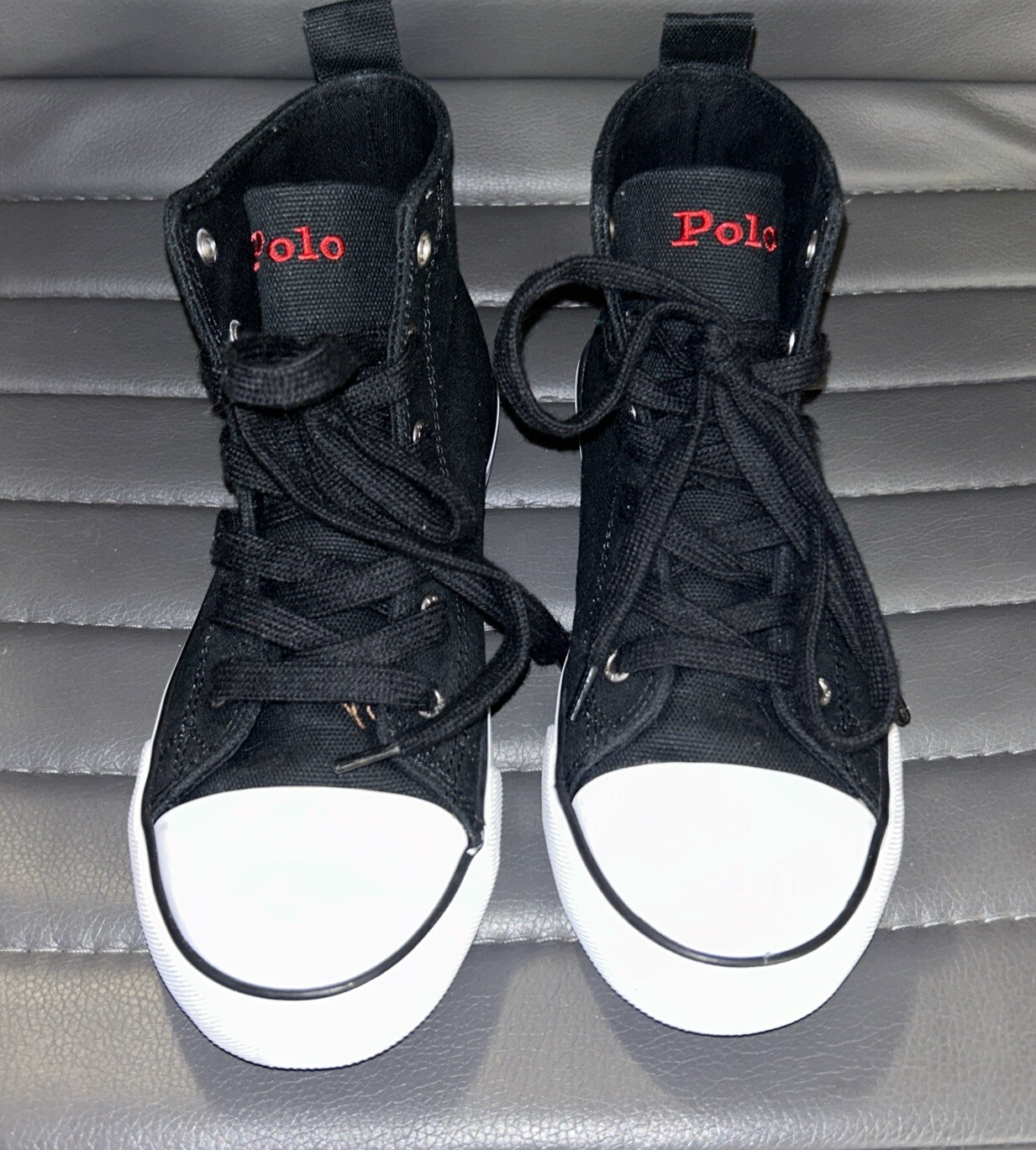 Polo Ralph Lauren Bear Black Canvas Kids High Top Sneaker Shoes Size 2