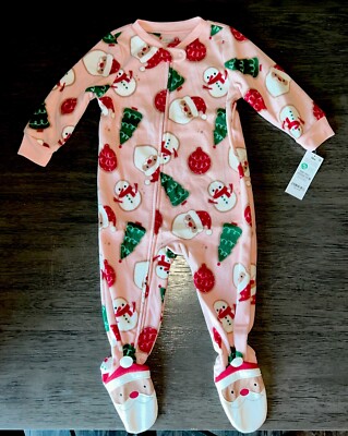 NWT CARTER'S BABY GIRL'S SANTA Snowman CHRISTMAS HOLIDAY PINK  Footed PAJAMAS
