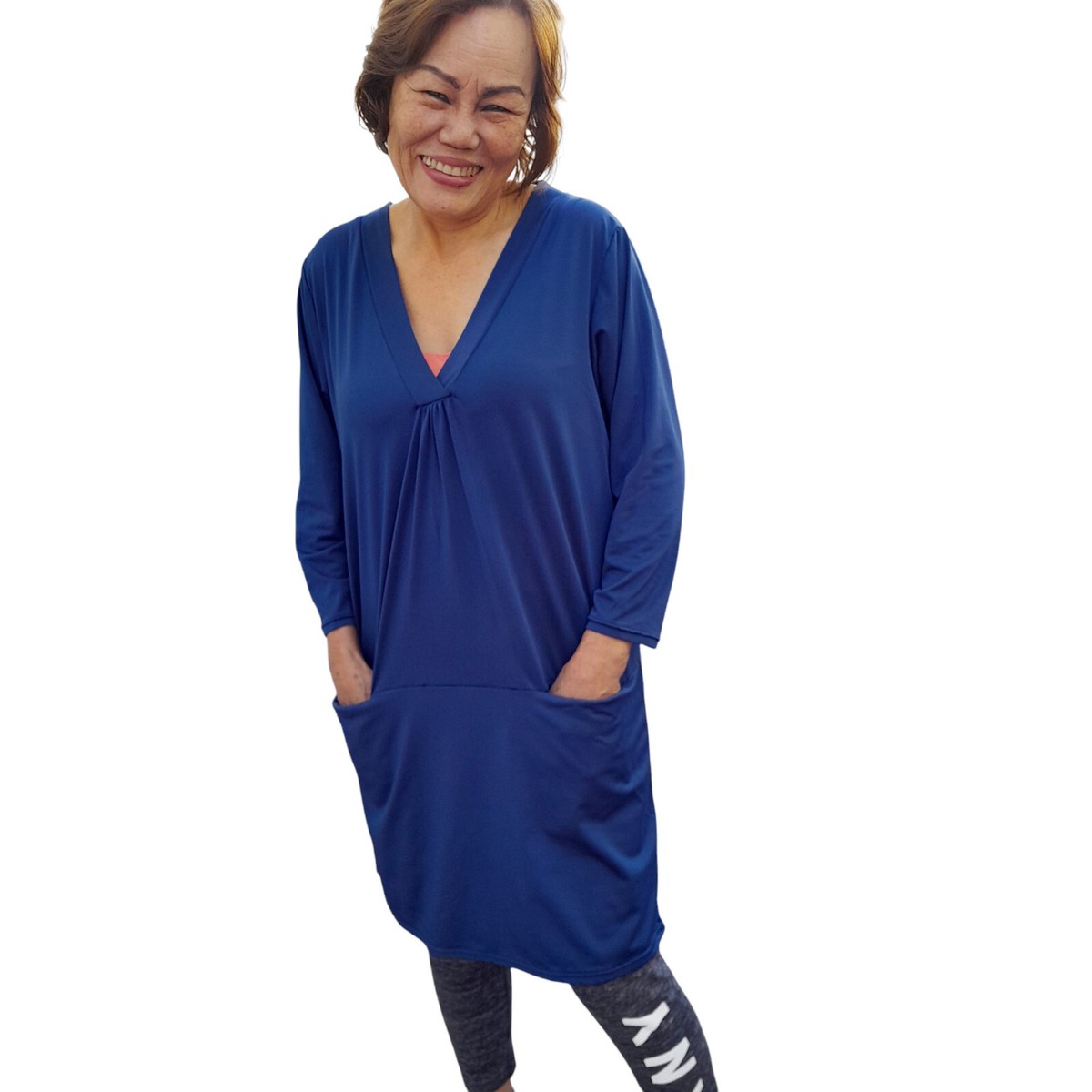 In Motion dress Women Large/v neck/3/4 sleeves/front pockets/stretch/blue