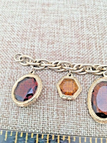 Gold Amber Topaz Brown Yellow Crystal Charm Bracelet VTG ESTATE - Picture 5 of 8