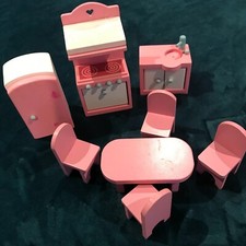 Group of ELC Wooden Toy Dolls House Furniture Items - Pink Kitchen