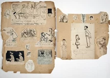 2 pages of early 20th century caricature / cartoon ink drawings by 'Tom O Hawk'