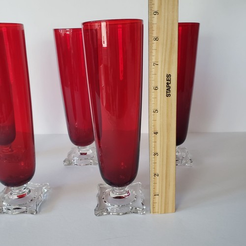 Vintage Seneca Slim Jim 903 Ruby Red Footed Pilsner Beverage Glass Vase Set of 5 - Picture 3 of 13
