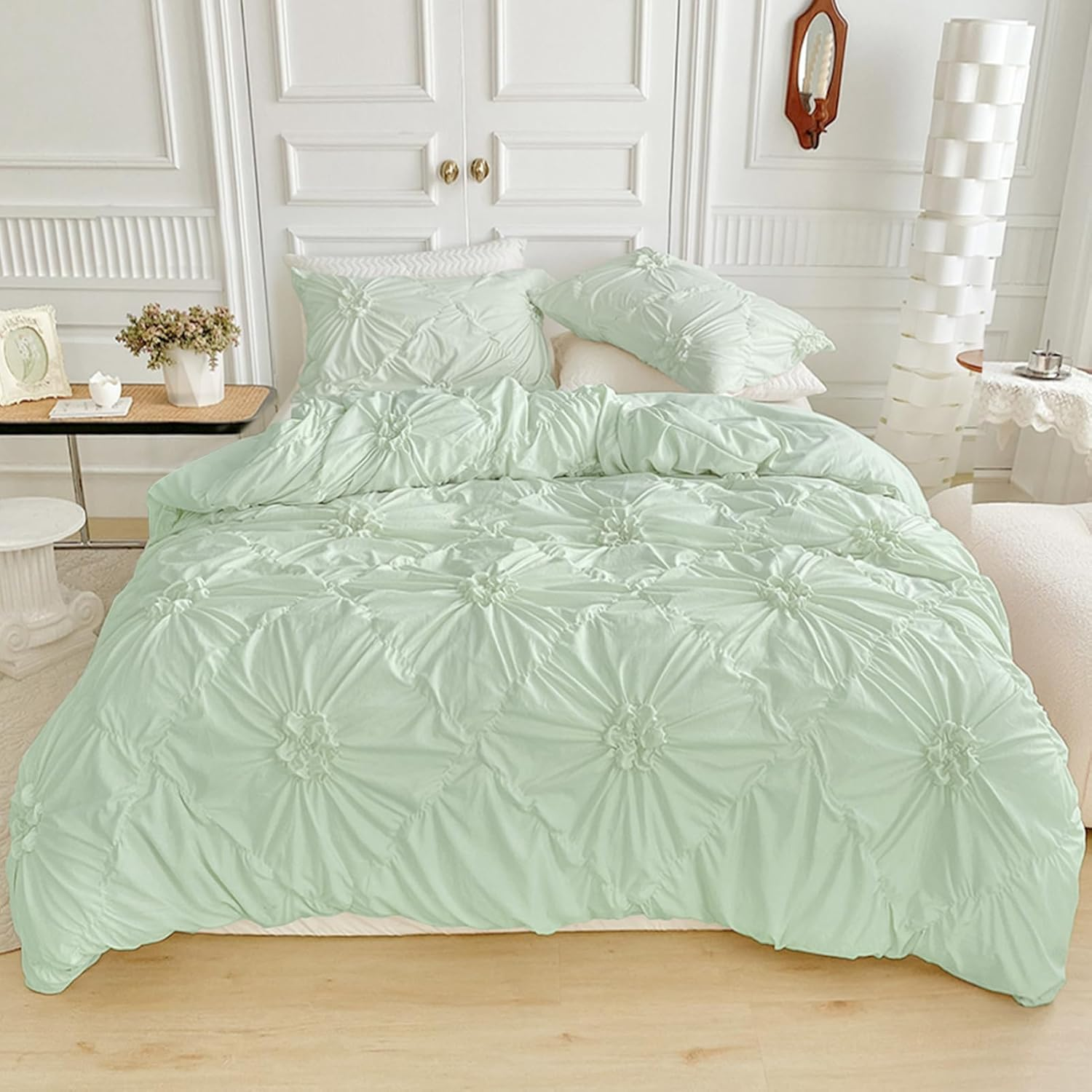 Sage Green Flower Duvet Cover Queen Size,3Pcs Soft Microfiber Bedding Set,Boho T