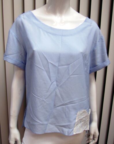 BCBGeneration Short Sleeves Blouse L Large Crew Neckline Blue Lace Pocket