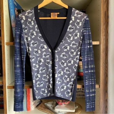 Tory Burch Mixed Print Plunge Neckline Wool Cardigan Sweater, Navy, XS