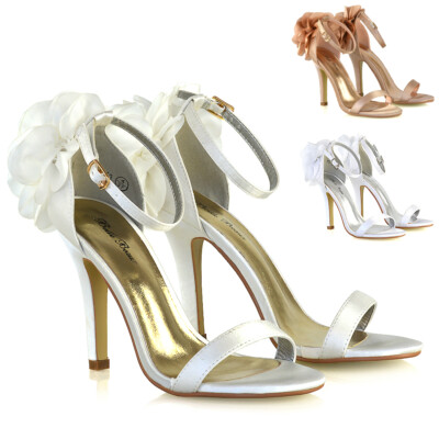 Womens Bridal Shoes Stiletto Heel Ladies Satin Flower Bridesmaid Strappy Sandals | eBay