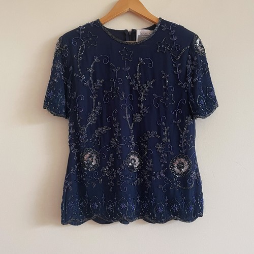vintage beaded silk top navy blue embellished boho silk blouse sparkle party - Picture 9 of 9