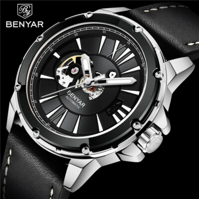 BENYAR BY-5183 Herren Auto Mechanische Armbanduhr Wasserdicht Lederband Reloj