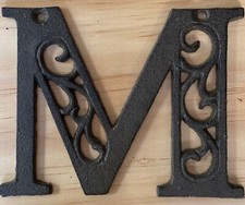 Cast Iron Letter "M" Ornate Scroll Filigree Monogram Alphabet Decor w/ Screws