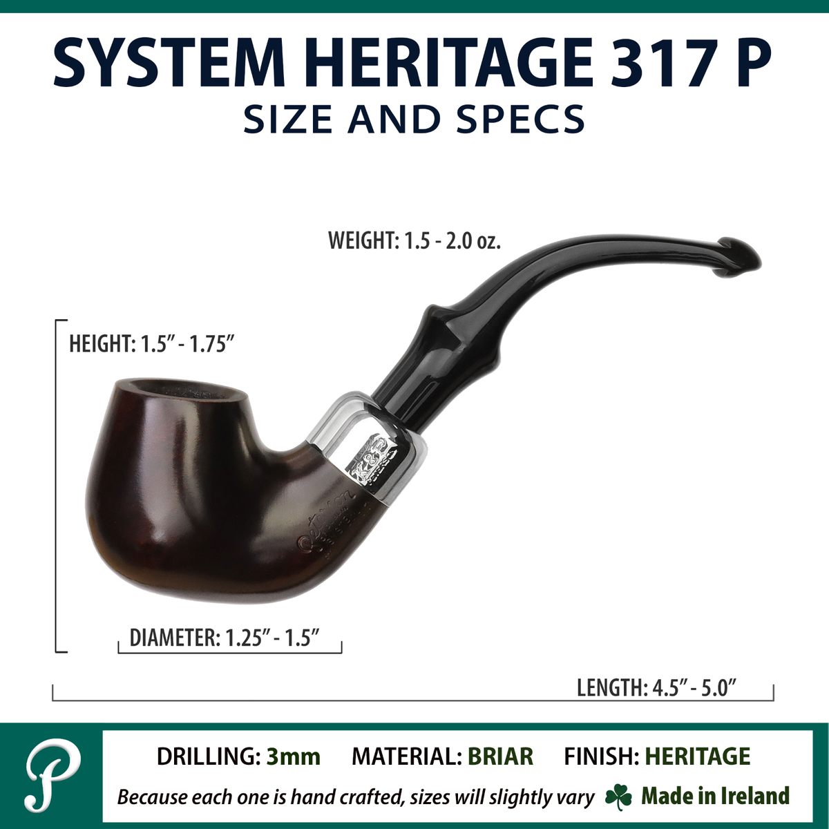 Peterson System Standard Heritage 317, P-Lip, 3mm, Bent Billiard Tobacco  Pipe