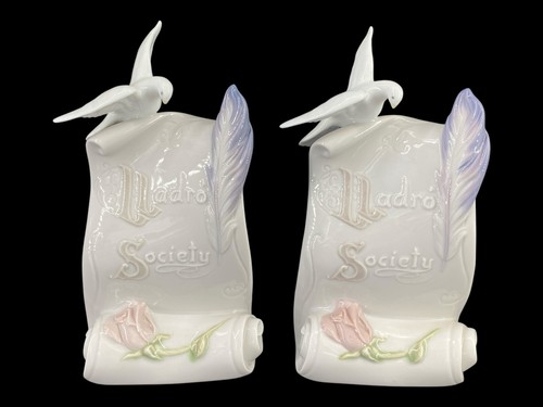 2 Vtg 1998 Lladro Society Spain Porcelain Dove Scroll Figurines Plaques 6.5" VG+