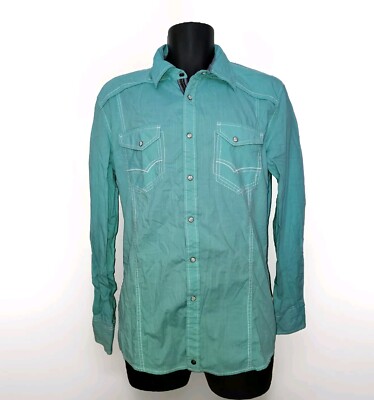 Buckle BLACK Shirt Pearl Snap Rockabilly Men L Aqua Tailored Fit 