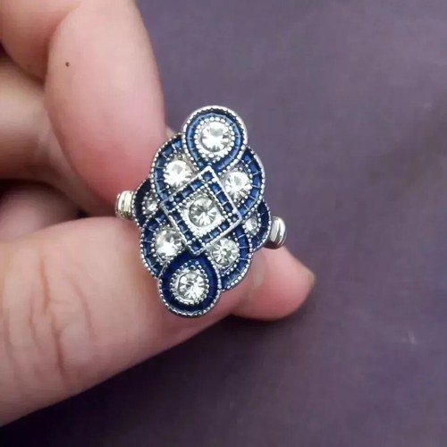 Art Deco Style Lab Created Diamond Sapphire Mothers 14K White Gold Finish Ring - Picture 3 of 9
