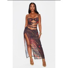 Shape Black Chiffon Tiger Printed Bandeau Cut Out Split Maxi Dress.